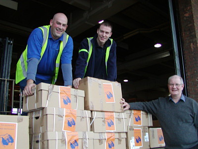 Brian Godfrey and the Air France team prepare Headway English books for shipment from London to N'Djamena, Chad
