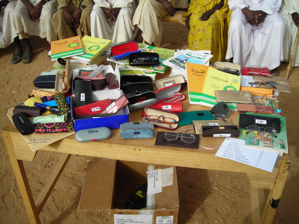 Reading glasses and near vision testing materials in Bredjing Refugee Camp
